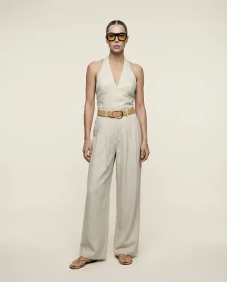 Amanda Maria - Linen Blend Pleated Trousers Natural