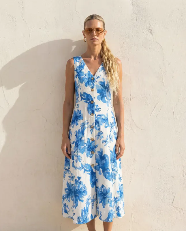 Amanda Maria - Linen Blend Button Front Dress In Bloom