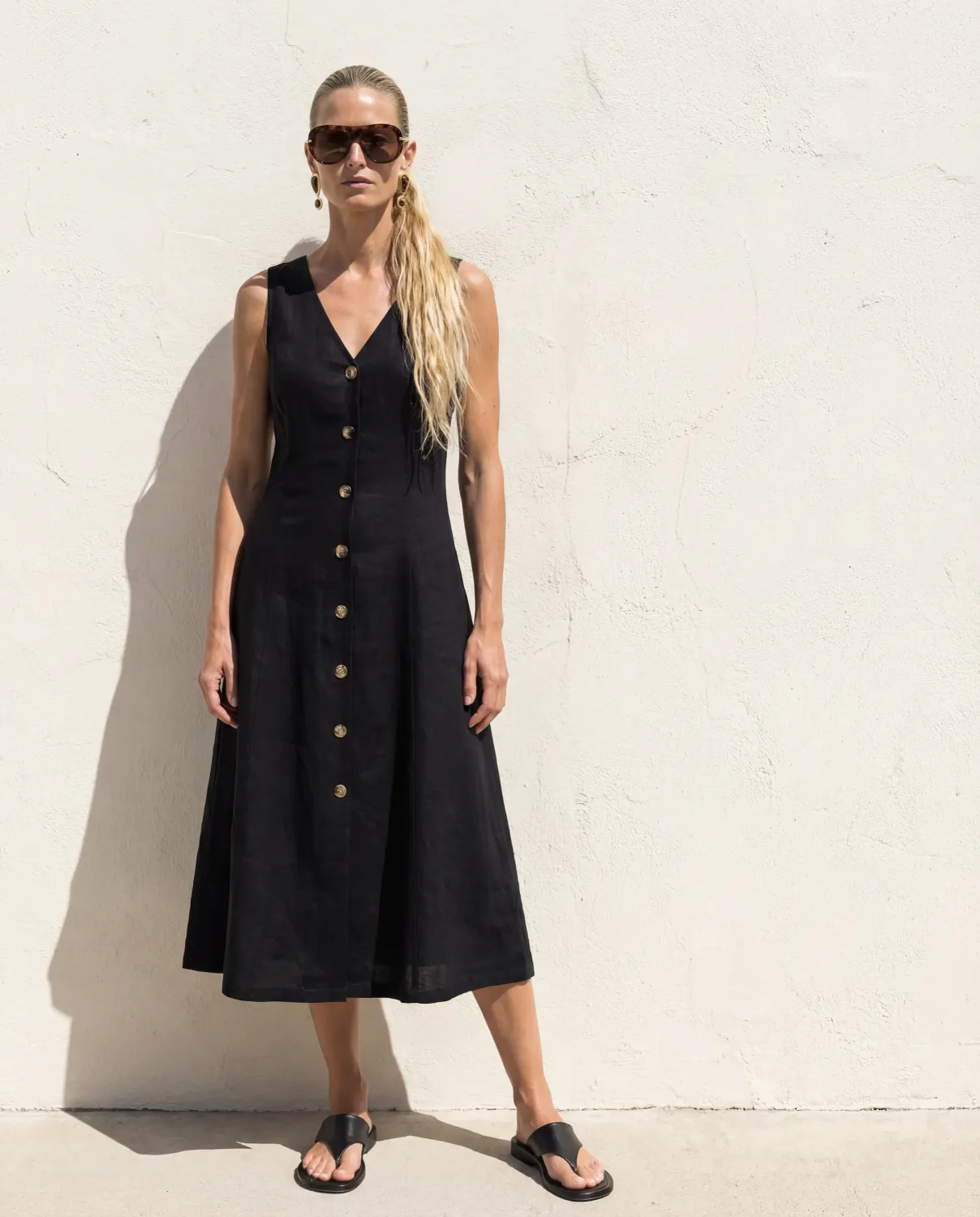 Amanda Maria - Linen Blend Button Front Dress Black