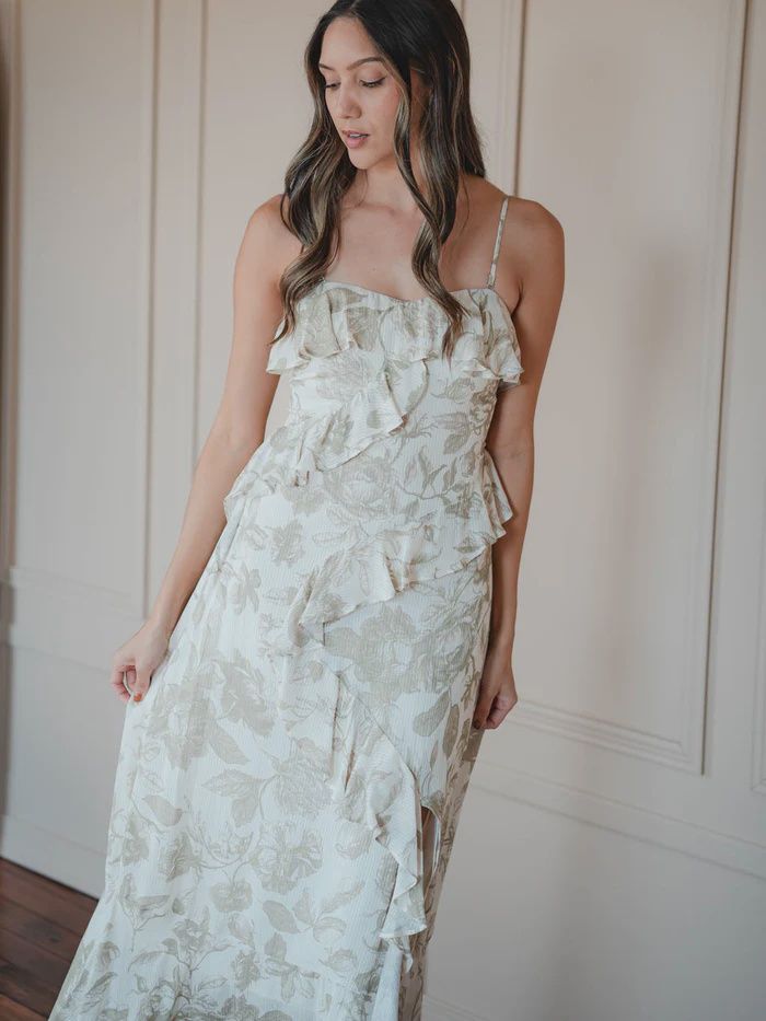 Rain of May - Love Letters Floral Maxi Dress Oatmeal/Beige