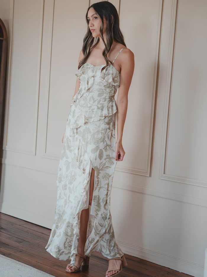 Rain of May - Love Letters Floral Maxi Dress Oatmeal/Beige