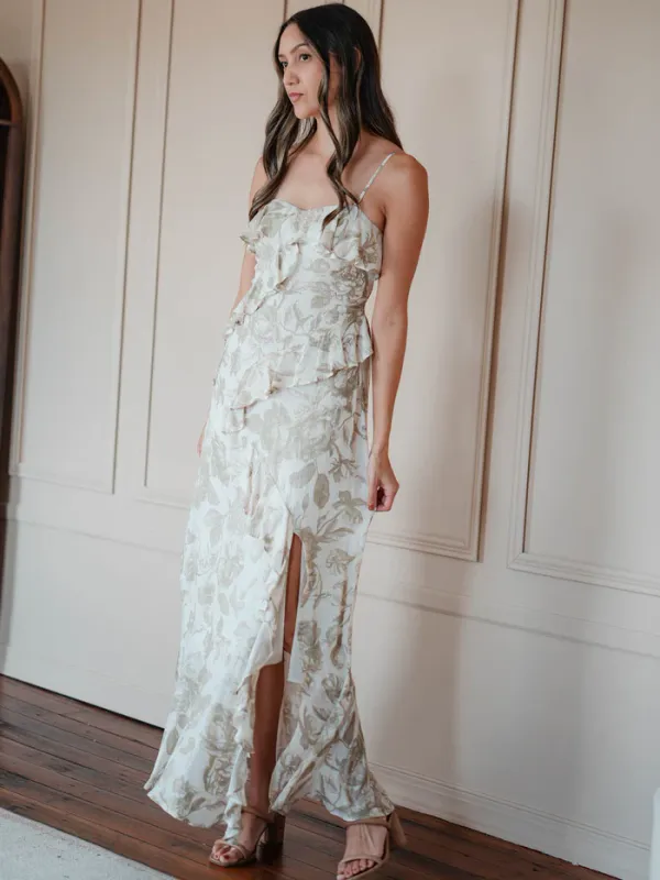 Rain of May - Love Letters Floral Maxi Dress Oatmeal/Beige