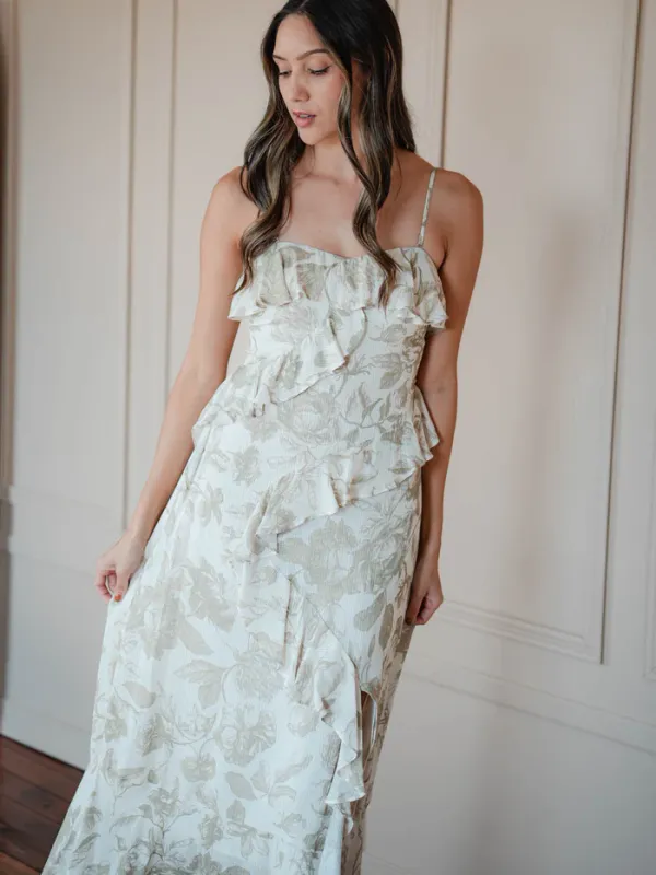 Rain of May - Love Letters Floral Maxi Dress Oatmeal/Beige