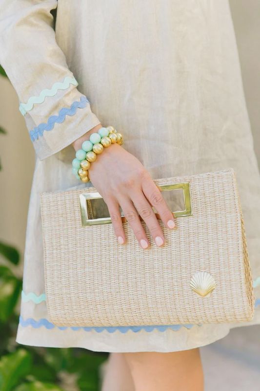 Lisi Lerch - Chloe Clutch Straw Gold Charm Scallop Shell
