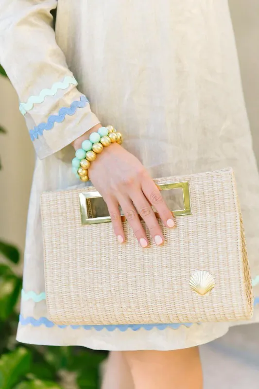 Lisi Lerch - Chloe Clutch Straw Gold Charm Scallop Shell