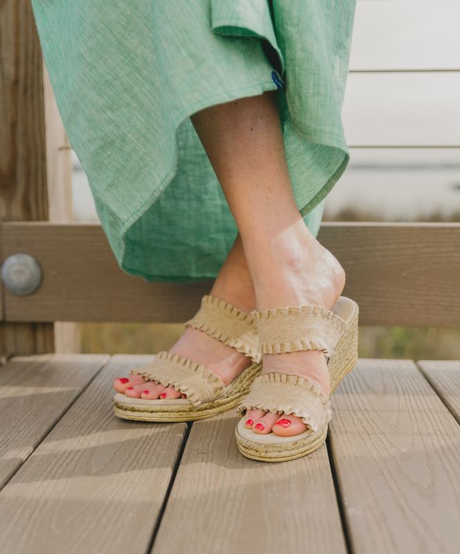 Charleston Shoe Co. - Dorset Backless Wedge Sandal Linen Ruffle