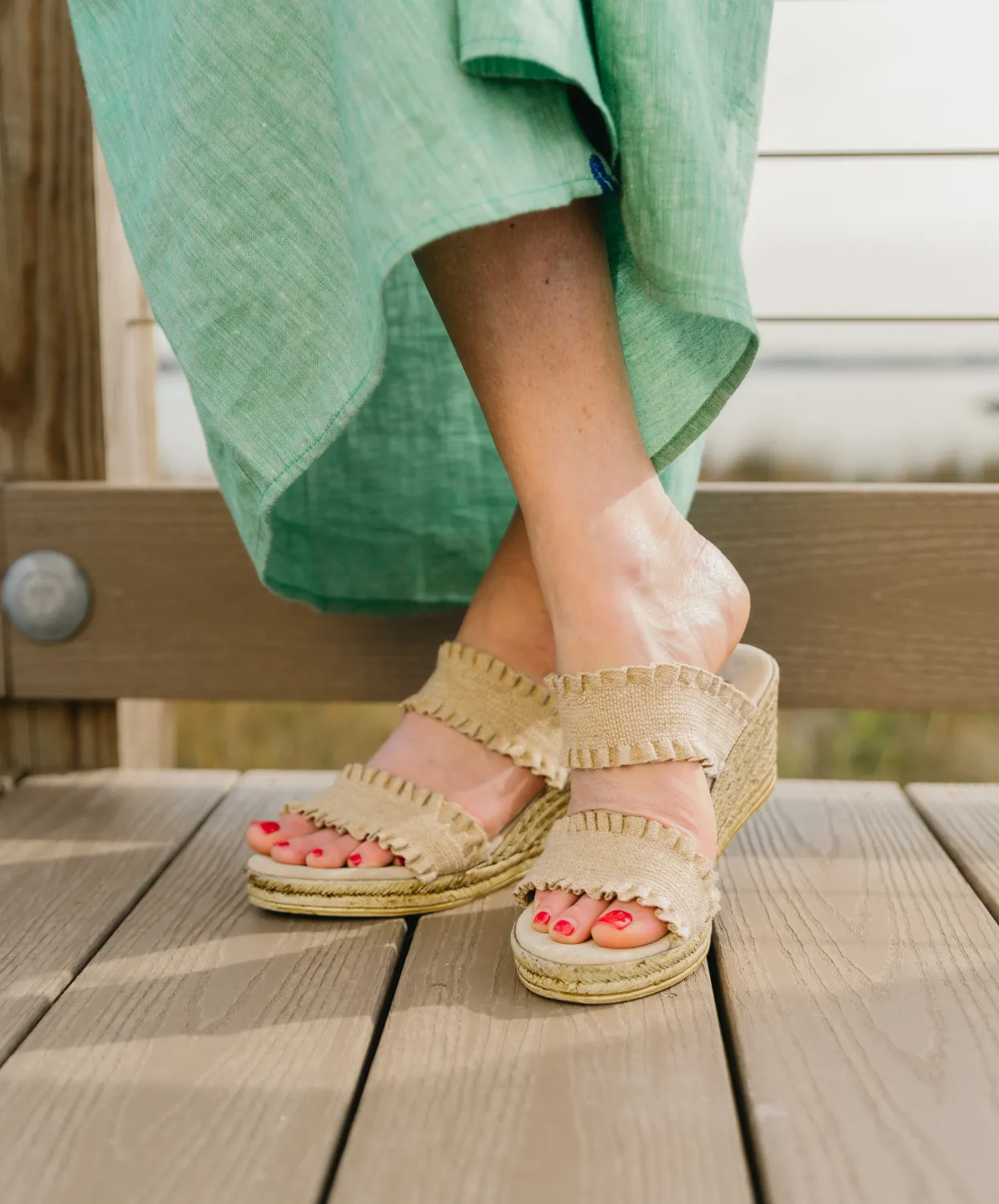 Charleston Shoe Co. - Dorset Backless Wedge Sandal Linen Ruffle Charleston Shoe Co. - Dorset Backless Wedge Sandal Linen Ruffle