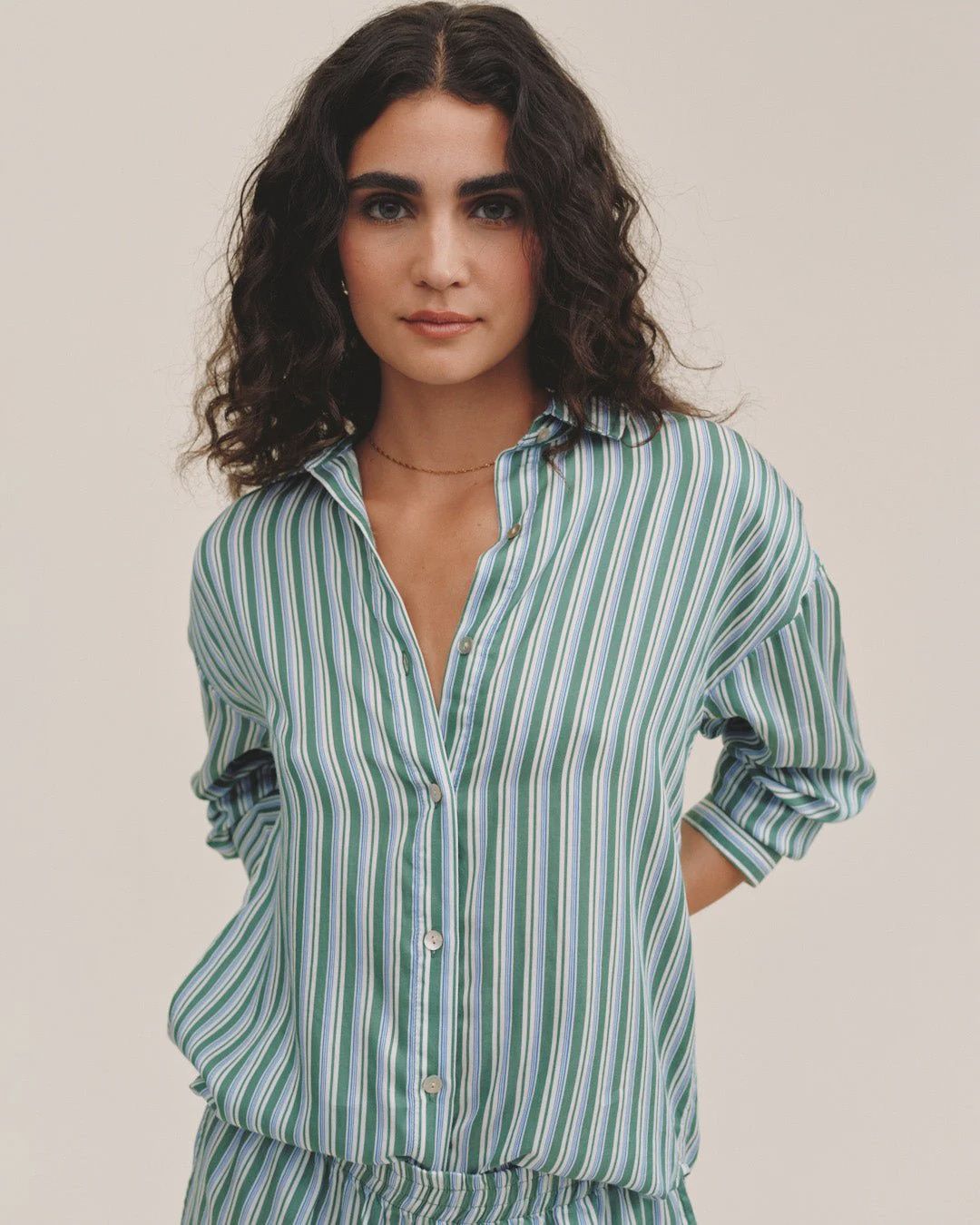 Bella Dahl - Oversized Button Down Emerald Surf Stripe