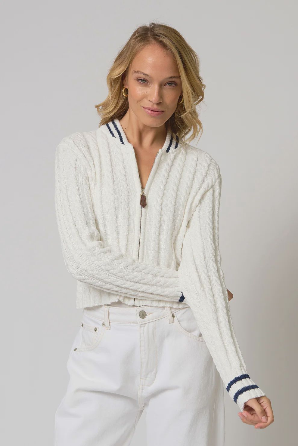 Central Park West - Coen Cable Zip Up Bomber White Navy