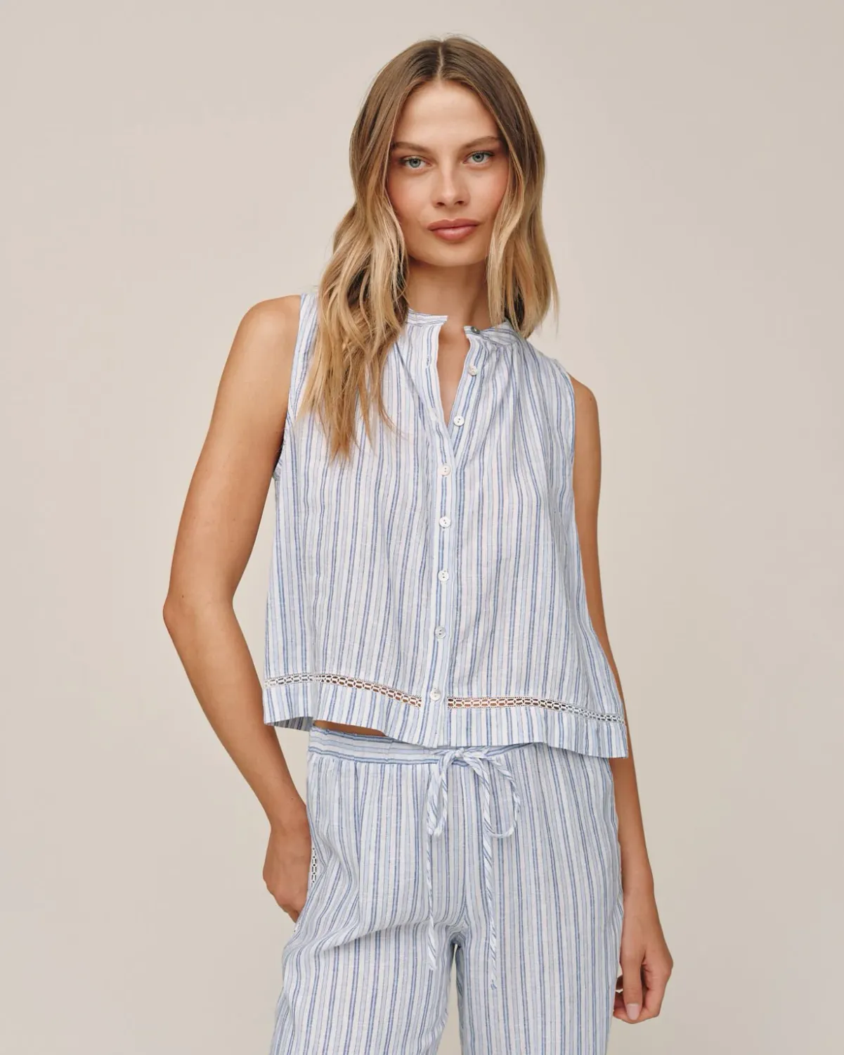 Bella Dahl - Sleeveless Button Front Ocean Blue Stripe