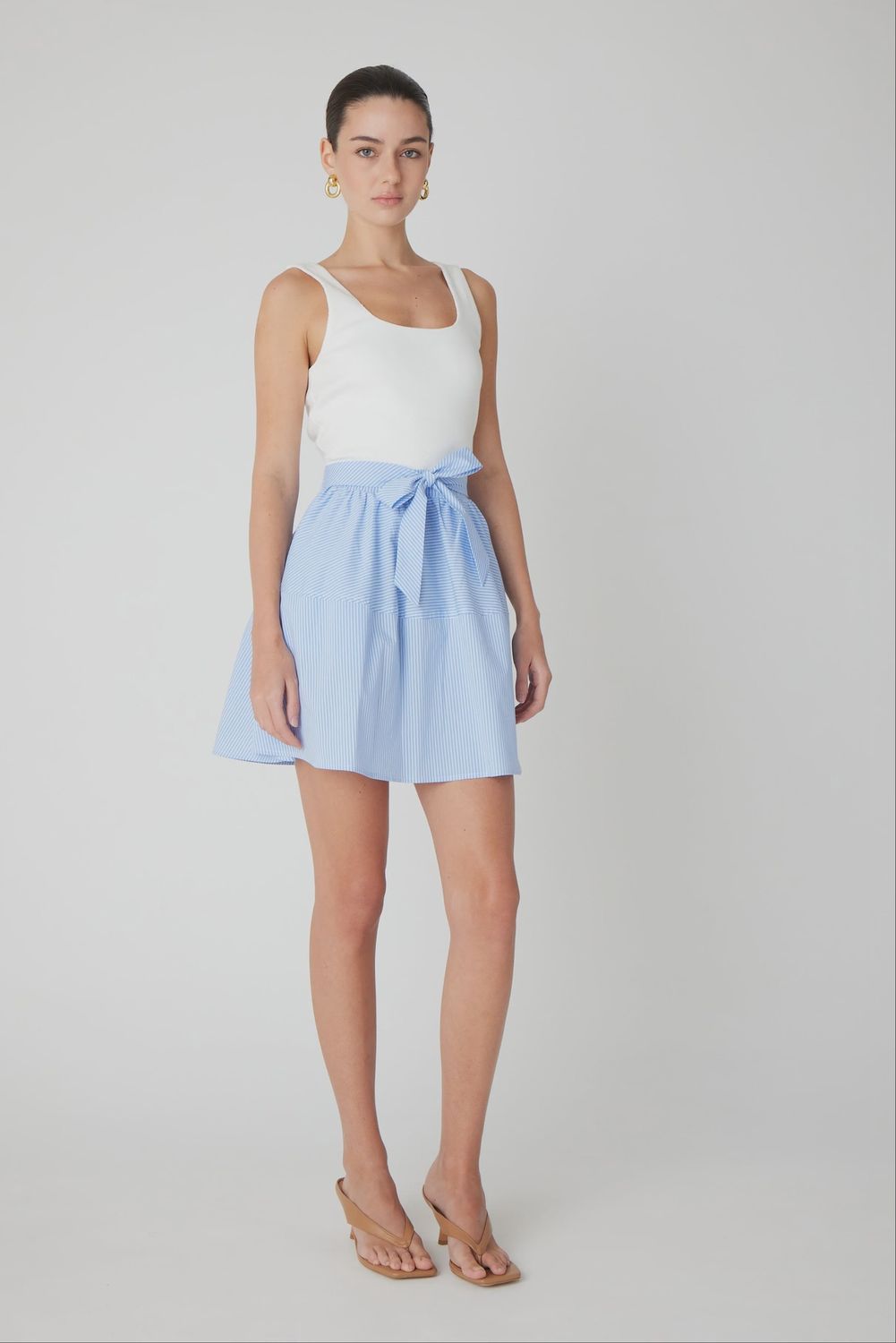 JS71 - Solene Cotton Blend Two Tone Short Dress Blue/White Stripe