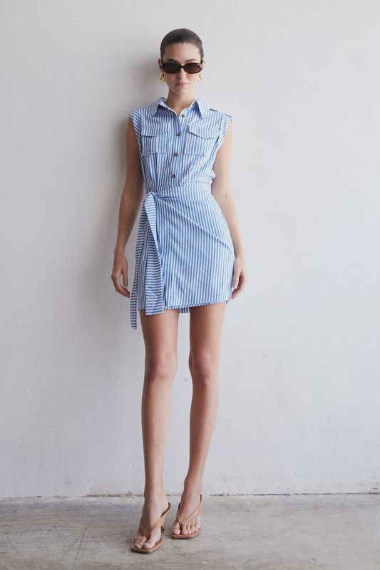 JS71 - Kenlie Short Dress With Size Tie Wrap Blue/White Stripe