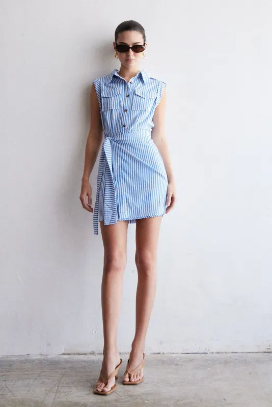 JS71 - Kenlie Short Dress With Size Tie Wrap Blue/White Stripe