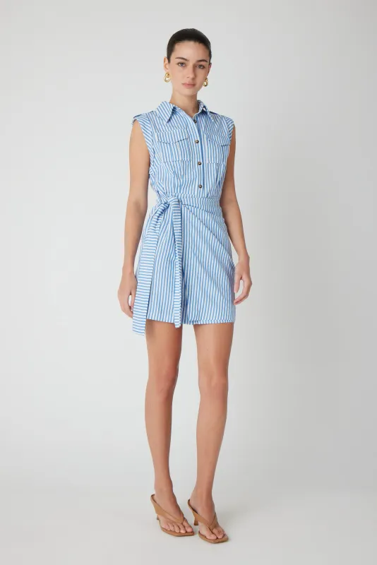 JS71 - Kenlie Short Dress With Size Tie Wrap Blue/White Stripe