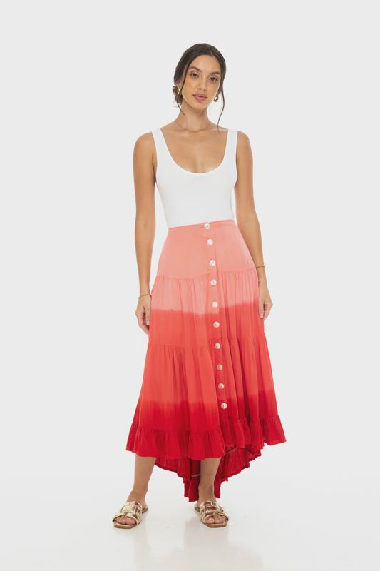 Phie Collective - Dip Dye Ruffled Maxi Skirt in Red