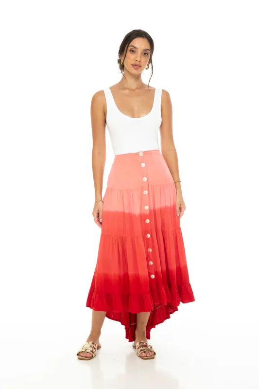 Phie Collective - Dip Dye Ruffled Maxi Skirt in Red