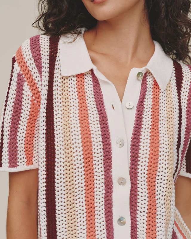 Bella Dahl - Short Sleeve Button Down Knit Top Beach Side Stripe