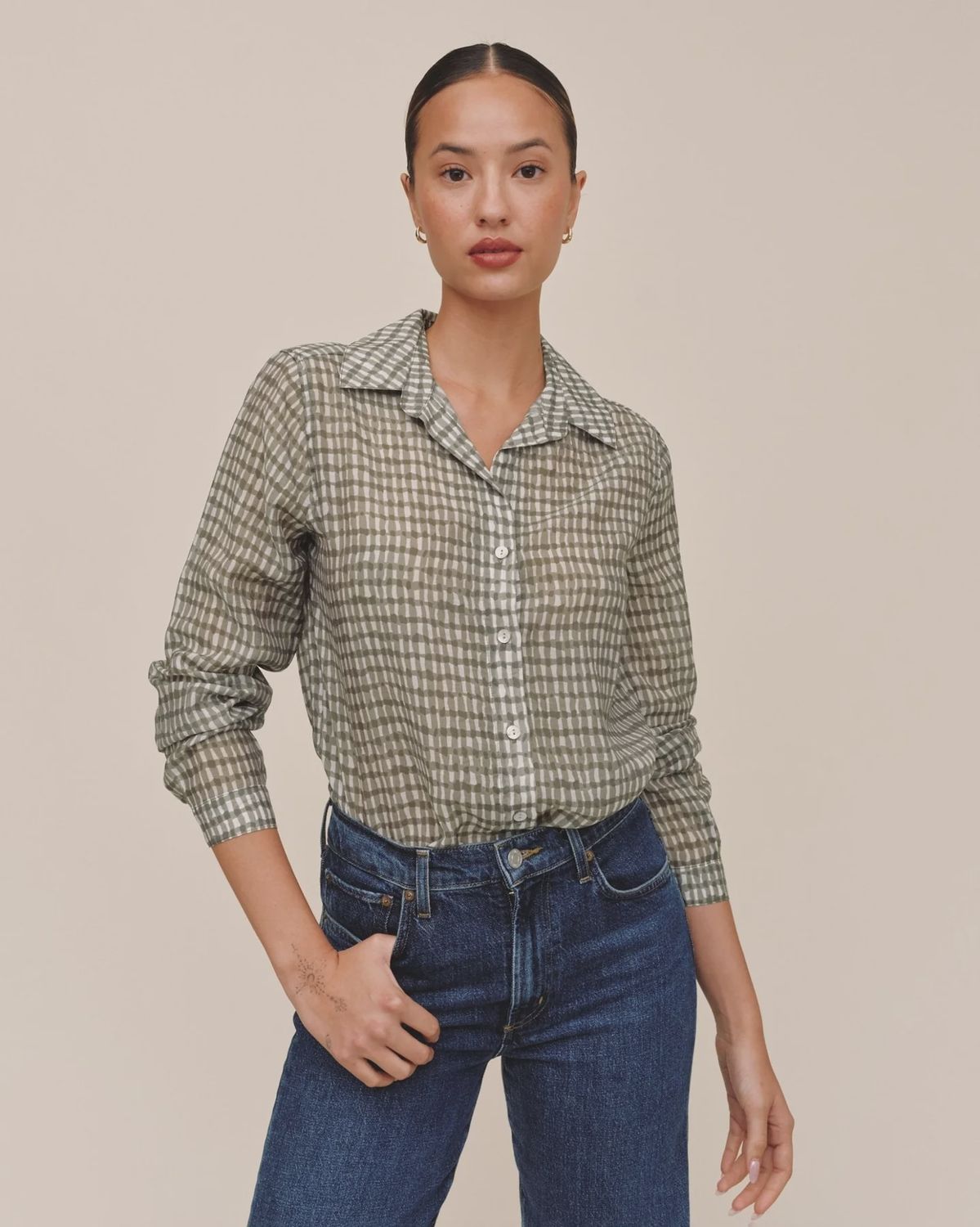 Bella Dahl - Classic Button Down Olive Gingham Print