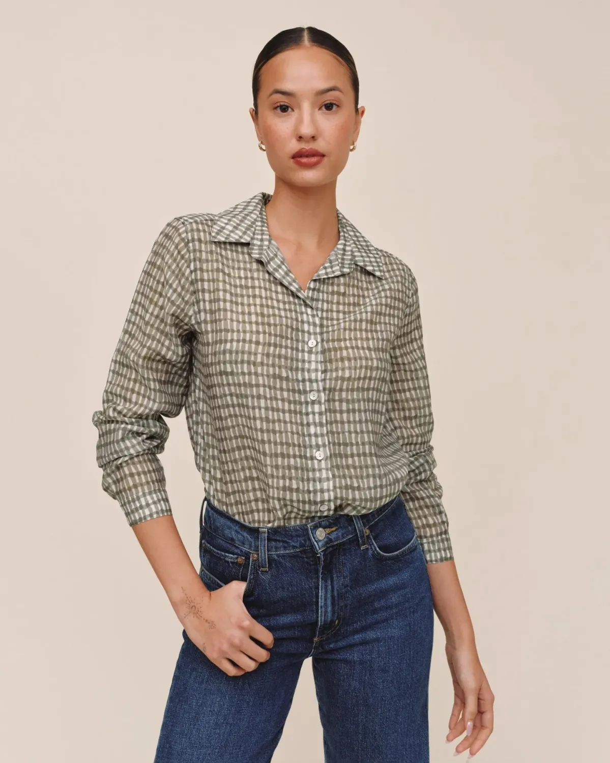 Bella Dahl - Classic Button Down Olive Gingham Print
