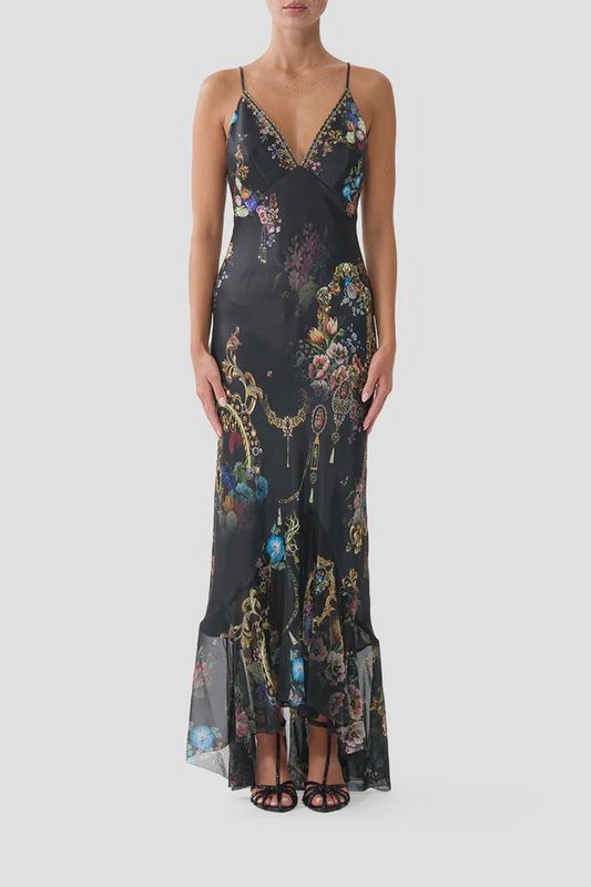 Camilla - V Neck Slip Dress With Flounce Hem Night Garden