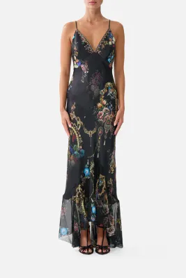 Camilla - V Neck Slip Dress With Flounce Hem Night Garden