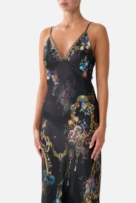 Camilla - V Neck Slip Dress With Flounce Hem Night Garden