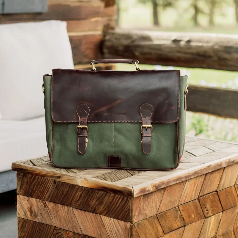 Steel & Clover - Demmit Canvas & Leather Messenger Bag Forest Green with Chestnut Leather
