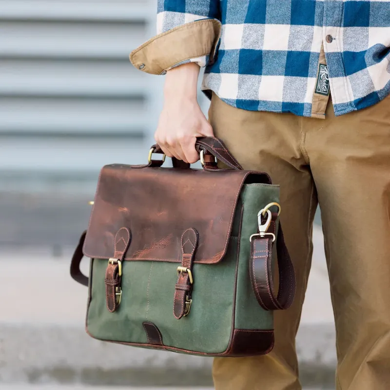 Steel &amp; Clover - Demmit Canvas &amp; Leather Messenger Bag Forest Green with Chestnut Leather