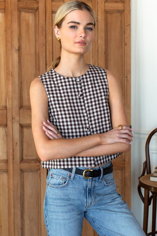 Emerson Fry - Button Front Wide Hem Top Cocoa Gingham