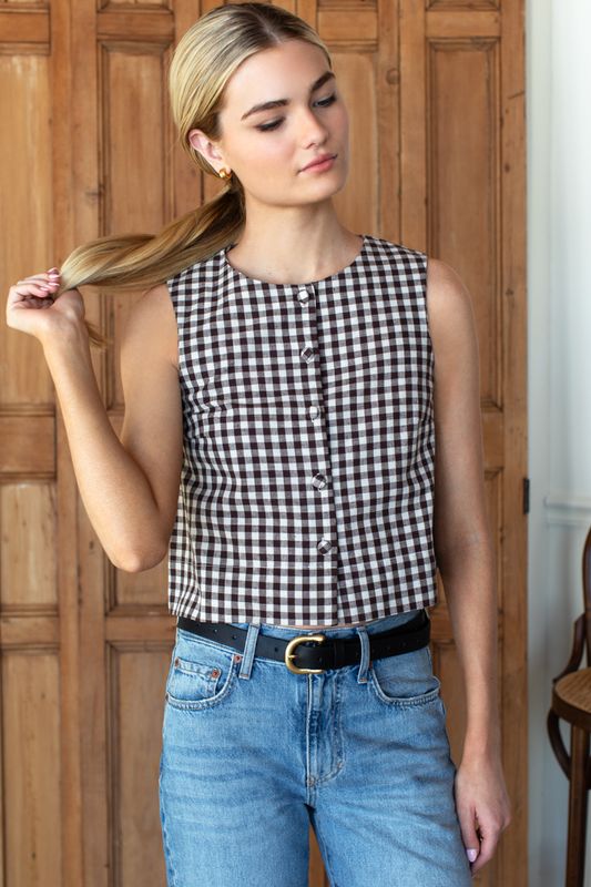 Emerson Fry - Button Front Wide Hem Top Cocoa Gingham