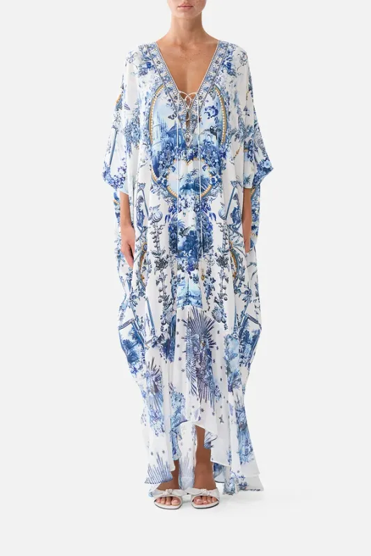 Camilla - Lace Up Kaftan With Hem Ruffle Porcelain Parlour