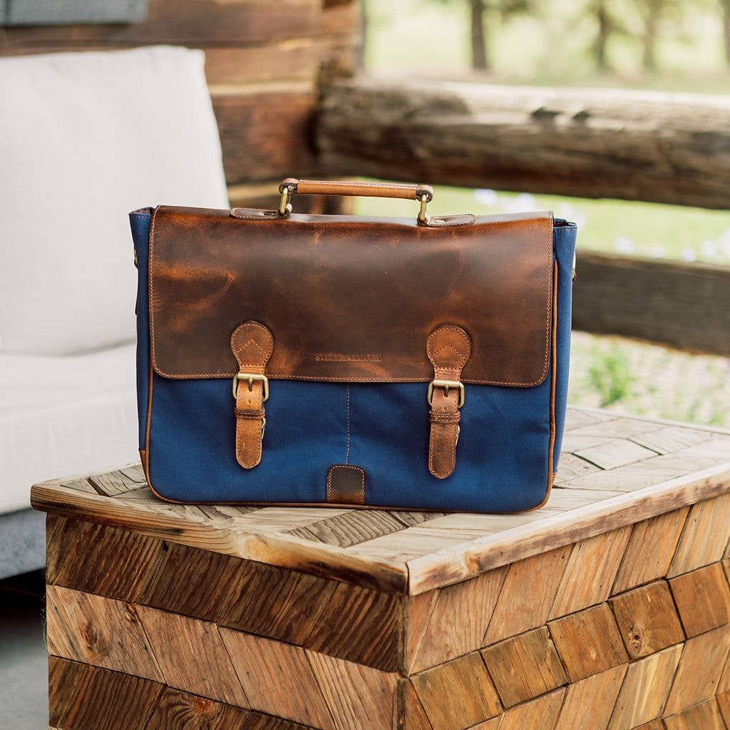 Demmit Canvas &amp; Leather Messenger Bag, Color: Colbalt Blue with Hunter Brown Leather