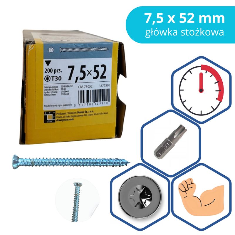 Frame screw Domax 7.5×52 mm conical 200 pcs