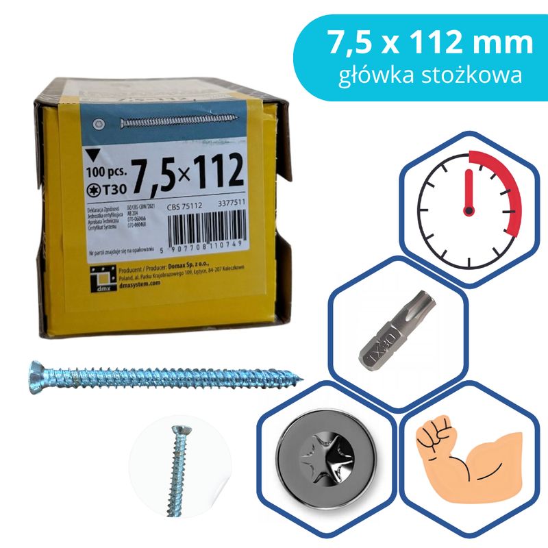 Frame screw Domax 7.5×112 mm conical 100 pcs