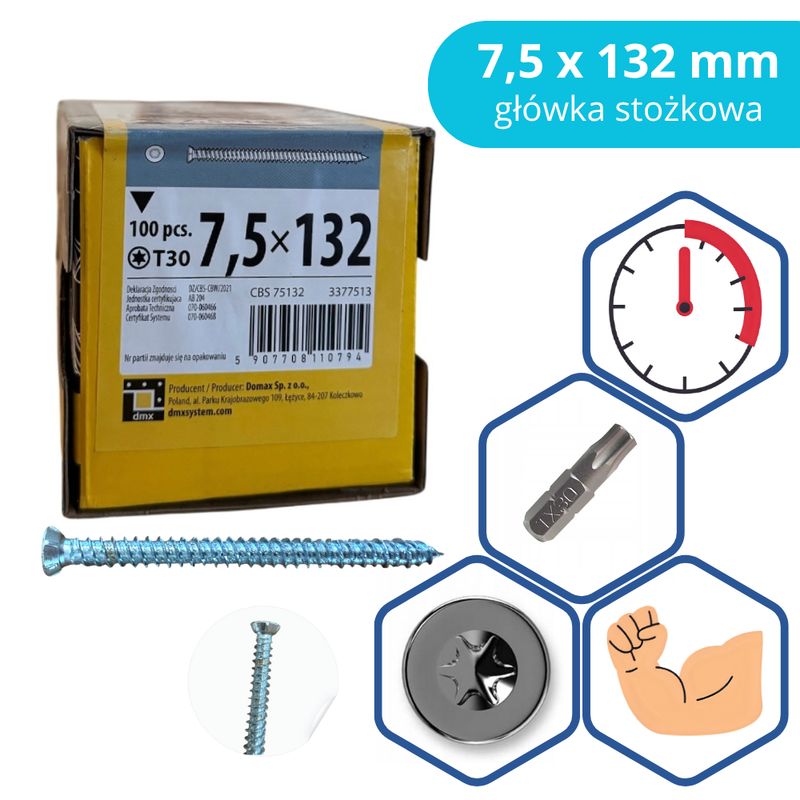 Domax Frame Screw 7.5×132 mm Countersunk 100 pcs