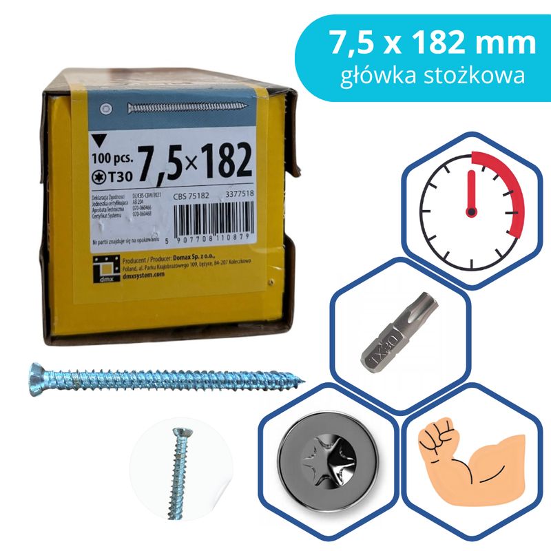 Frame screw Domax 7.5×182 mm conical 100 pcs