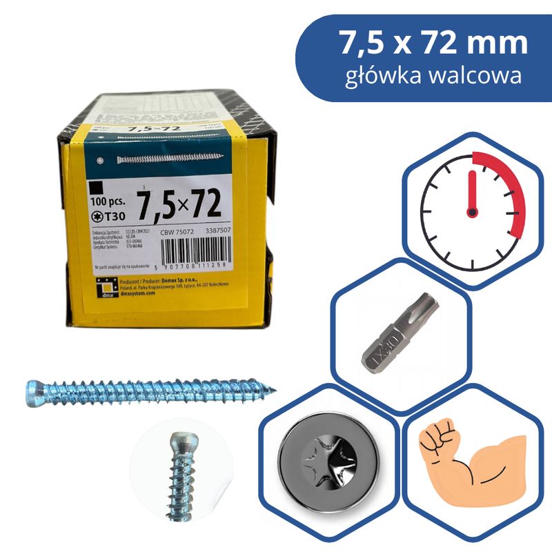 Domax Frame Screw 7.5×72 mm Cylindrical 100 pcs
