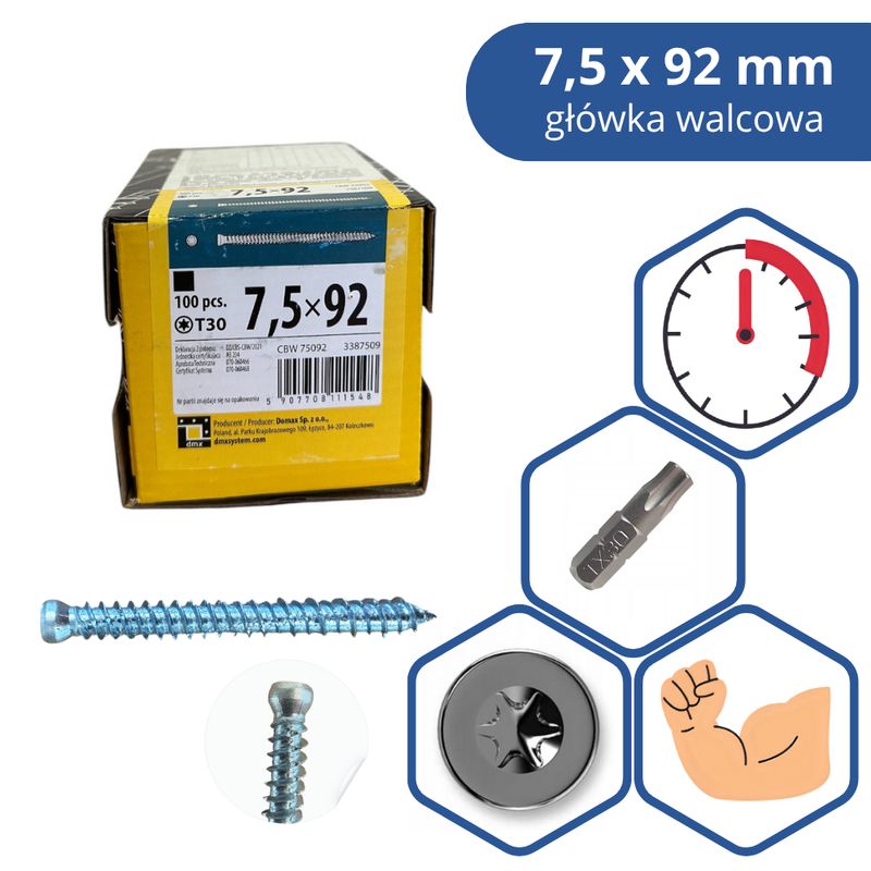 Frame Screw Domax 7.5×92 mm Cylindrical 100 pcs