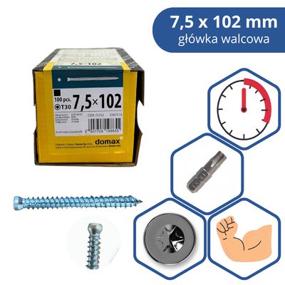 Frame Screw Domax 7.5×102 mm cylindrical 100 pcs