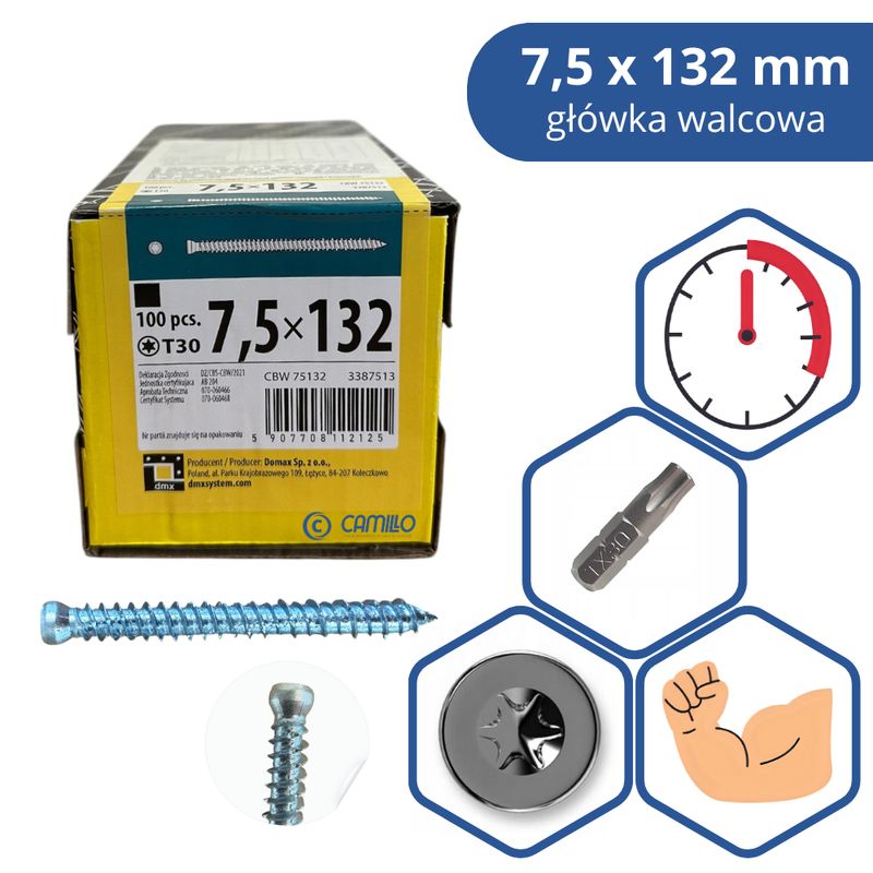 Frame Screw Domax 7.5×132 mm Cylindrical 100 pcs