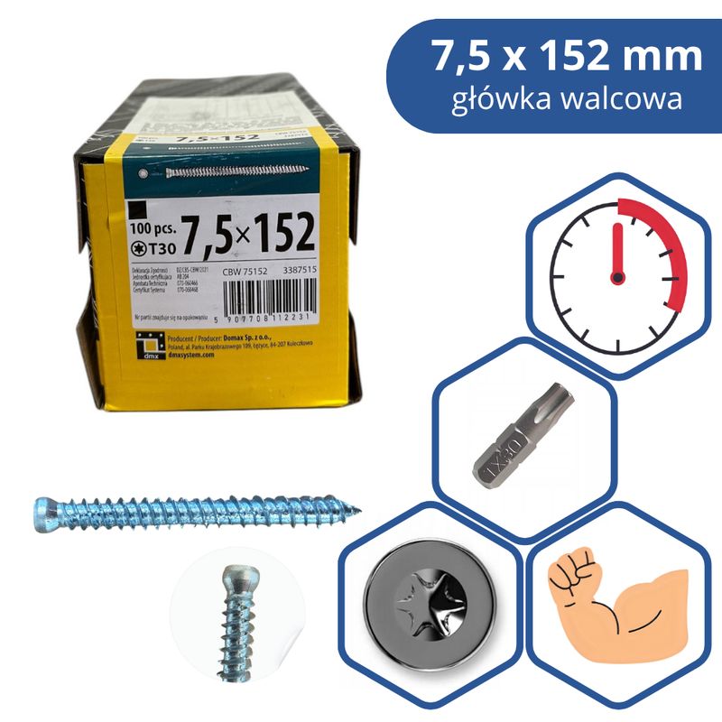 Frame screw Domax 7.5×152 mm cylindrical 100 pcs