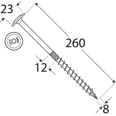 Carpentry Wood Screws 8 x 260 mm Washer Head TORX 50 pcs
