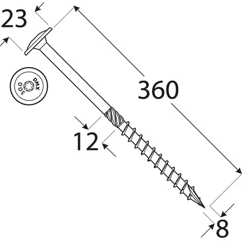 Carpentry Wood Screws 8 x 360 mm with Washer Head TORX, 50 pcs