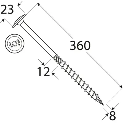 Carpentry Wood Screws 8 x 360 mm with Washer Head TORX, 50 pcs
