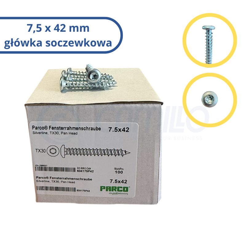 Rámový šroub Parco 7,5×42 mm s čočkovou hlavou, 100 ks