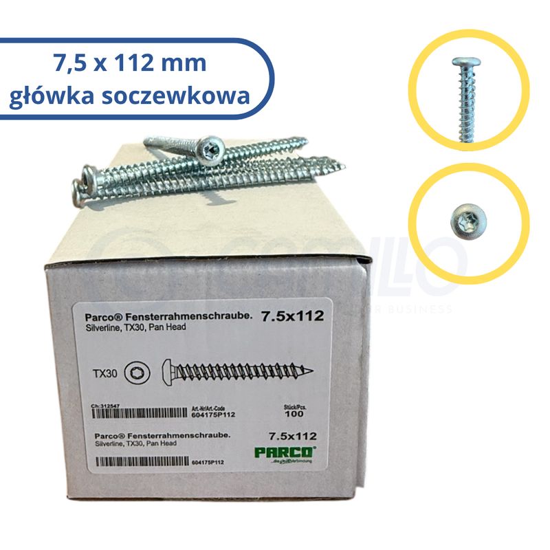 Rámový šroub Parco 7,5×112 mm s čočkovou hlavou, 100 ks