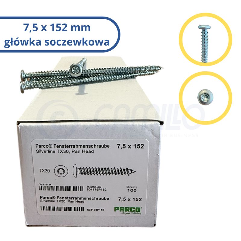 Parco rámový šroub 7,5×152 mm s čočkovou hlavou, 100 ks