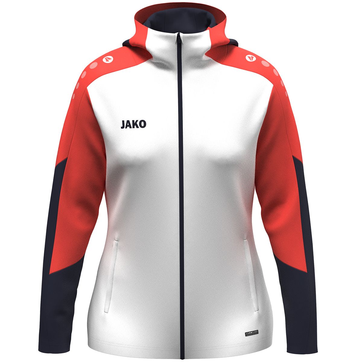 JAKO Kapuzenjacke Dynamic Damen, Farbe: weiß/coral/marine, Größe: S (34/36)