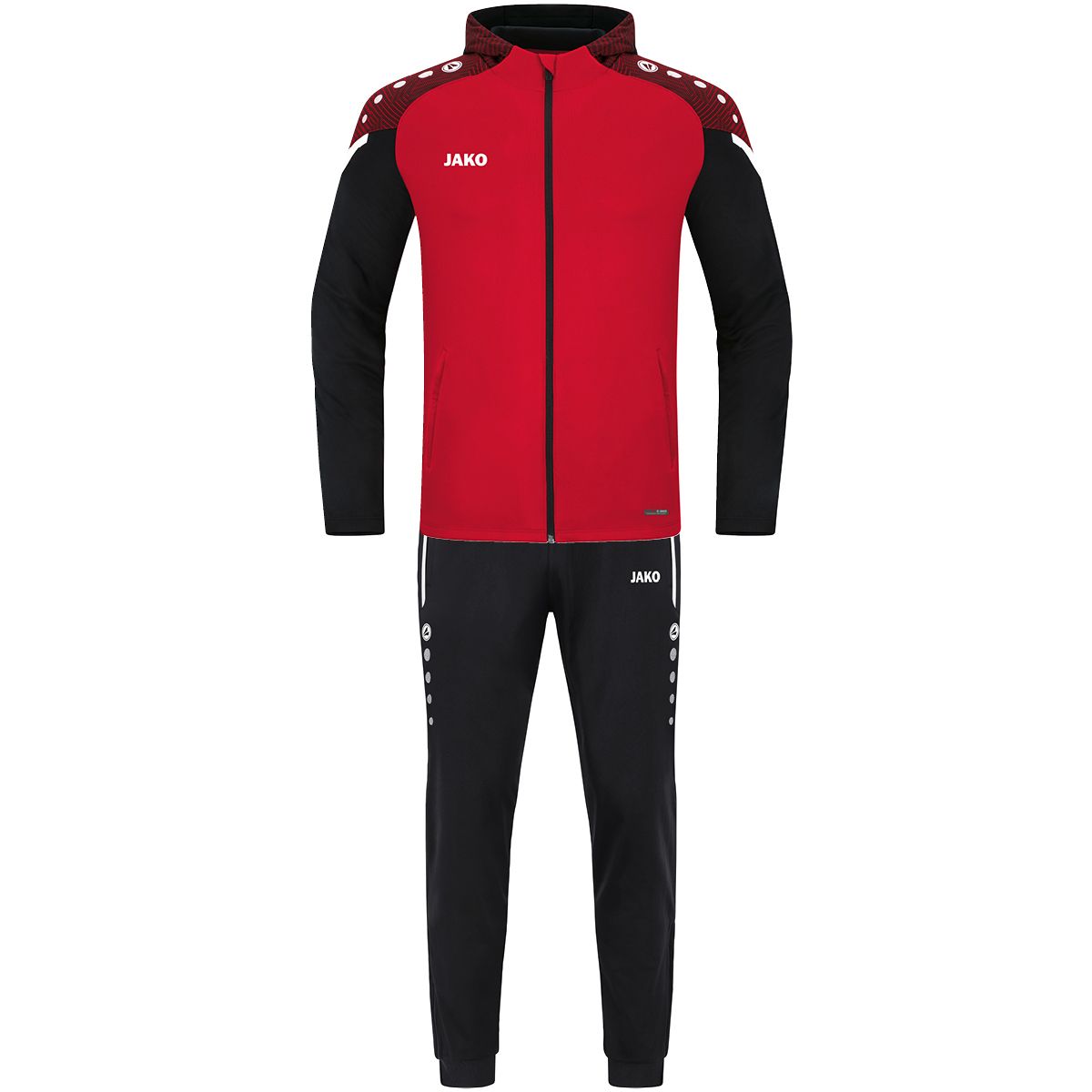 JAKO Trainingsanzug Polyester Performance mit Kapuze, Farbe: rot/schwarz, Größe: 128