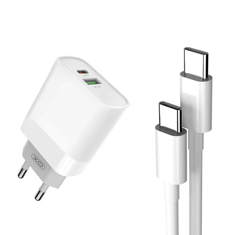 XO Wall Charger L64 QC3.0/PD Duo Set mit USB-C auf USB-C Kabel, Farbe: Weiss, Modell: USB-A / USB-C
